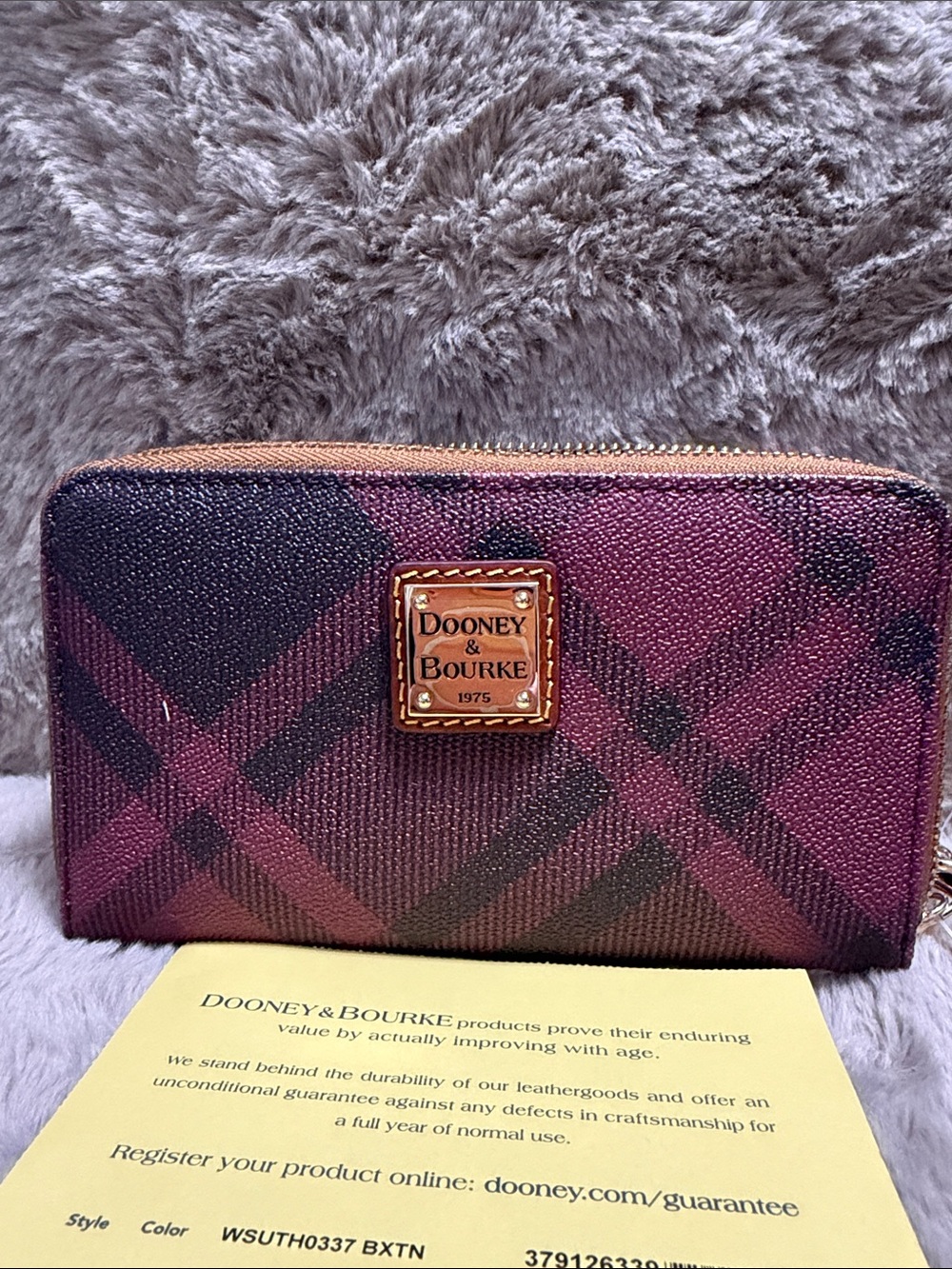 Dooney & Bourke Plum Plaid Zip Around Wallet with Tan Trim